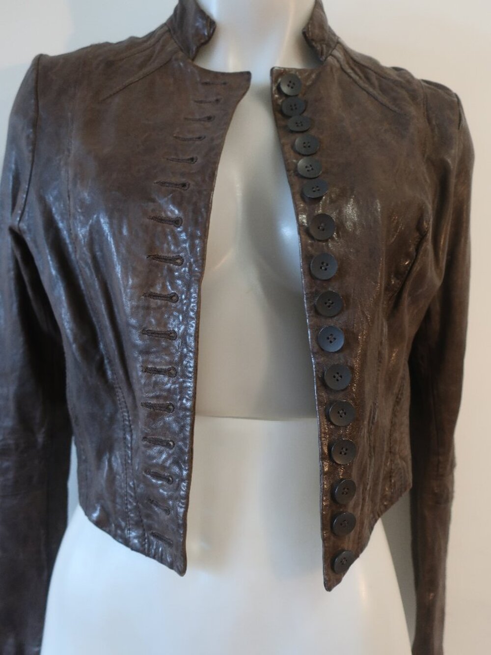 Womens All Saints Brown (Item- 314) Cropped Bomber Leather Lelex Moto Jacket 12 - Picture 3 of 15